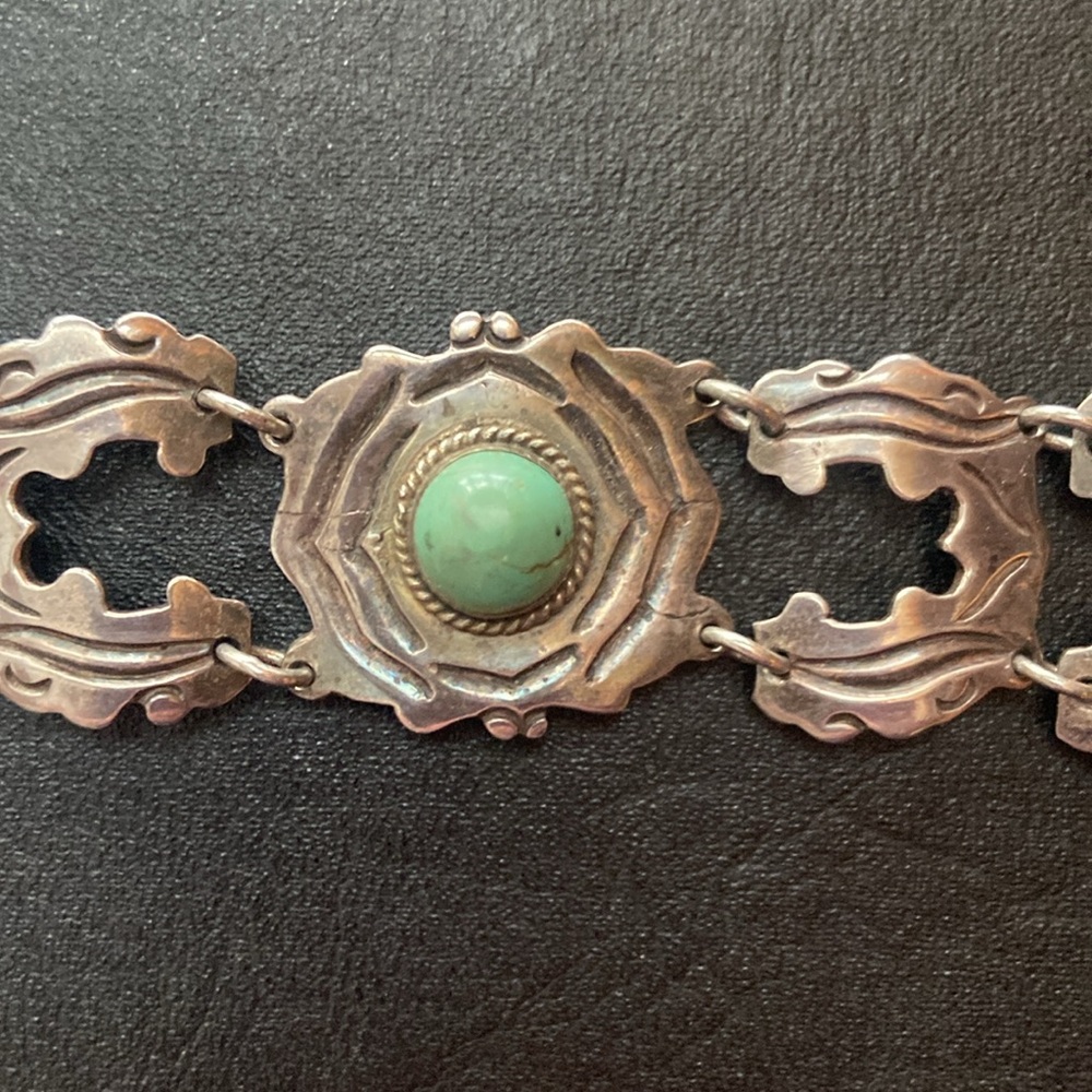 Vintage Taxco 980 Sterling Silver Bracelet with Turquoise Cabochon - Picture 3 of 11